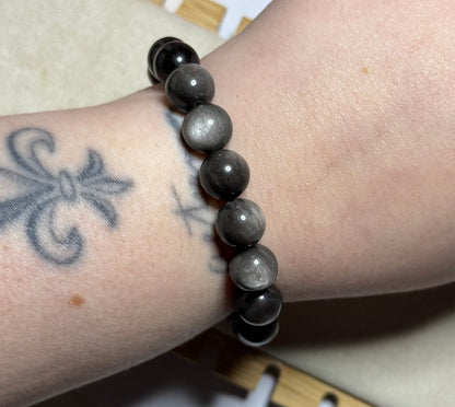 Bracelet en obsidienne argentée
