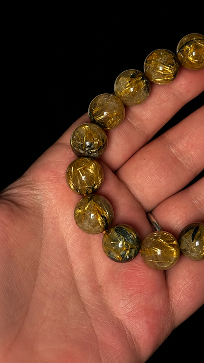 Bracelet Quartz Rutile Doré & Hématite — Perles 13 mm