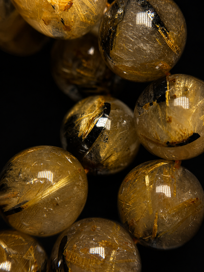 Bracelet Quartz Rutile Doré & Hématite — Perles 13 mm