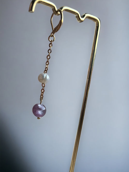 Boucles d’oreille lepidolite et perle d’eau douce