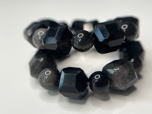 Bracelet obsidienne perles rondes et carrées